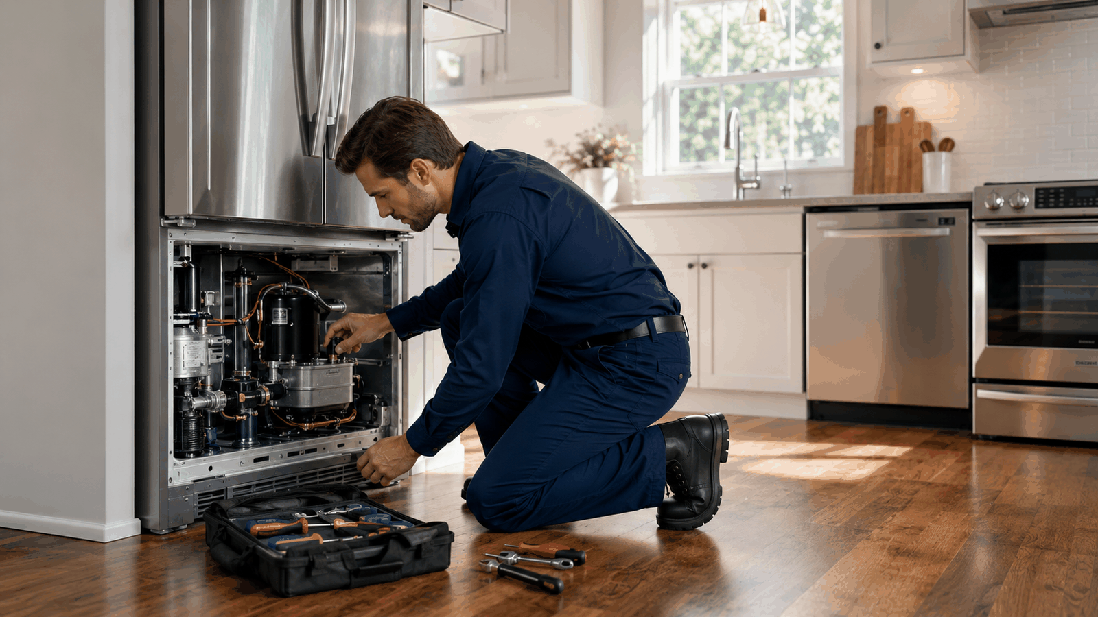 Technician providing appliance repair on Long Island